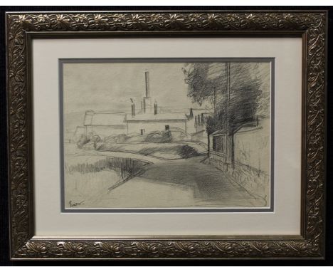 French School Pencil Sketch of Pottery Factory. Signed lower left.Sight Size: 8.5 x 12 in.Overall Size: 14.5 x 18.5 in.Framed