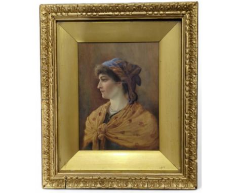 WILL GRAYSON (late 19th century British” – Portrait of a young woman, half length, wearing a striped head scarf and shawl, si