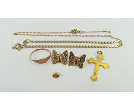 A 9ct gold cross, a child's 9ct rose gold signet ring, cut off so cannot size, and a 9ct gold S link bracelet, 4.23g gross; t