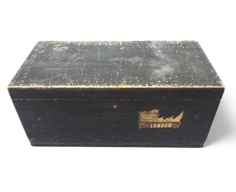 A black painted pine trunk with swing handles, 35.5cm high, 82cm wide, 40cm deep