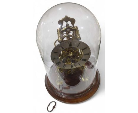 A brass skeleton clock, having a silvered Roman chapter ring, fusee movement, all raised upon a mahogany plinth, the whole ho