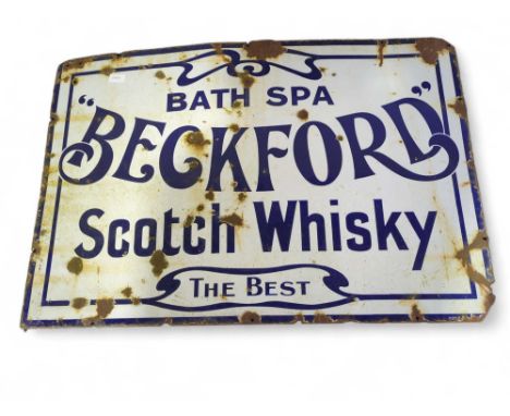 A single sided enamelled metal advertising sign, blue lettering on white ground "Bath Spa Beckford Scotch Whisky The Best " 6