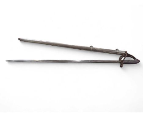 An Infantry Officers type sword having wired shagreen grip open hilt, straight plain bade and steel scabbard, blade 83cms