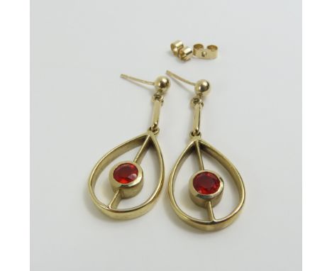 A pair of 9ct gold fire opal drop earrings, the open pear shapes set with a single round fire opal, with a plain bar above, w