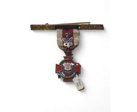 A late Victorian silver enamelled centenary Masonic medal, Birmingham, Richard Spencer, the medal a cross with a snake encirc
