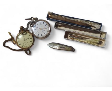 A silver open faced pocket watch, miniatures, a gold plated pocket watch, small collection of costume jewellery including a r