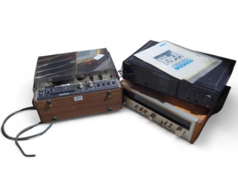 An Akai 4000DB reel to reel recorder, a Pioneer stereo tuner model TX-9100 and a Sony stereo cassette deck TC-KE240 