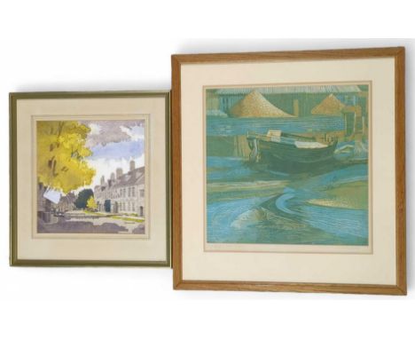 K W Doughty, 'Sand Barge, Rolle Quarry', coloured linocut print, mounted, framed and glazed; together with a watercolour of a