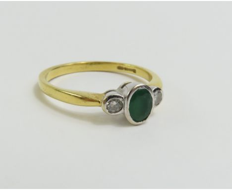 A 18ct gold emerald and diamond three stone ring, rub-over set, finger size O 1/2, 3.1g gross