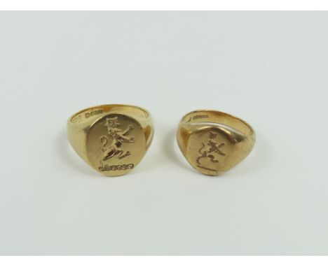 A 9ct gold seal engraved signet ring, the seal of a lion rampant on an oval head, finger size K 1/2 - L, together with anothe