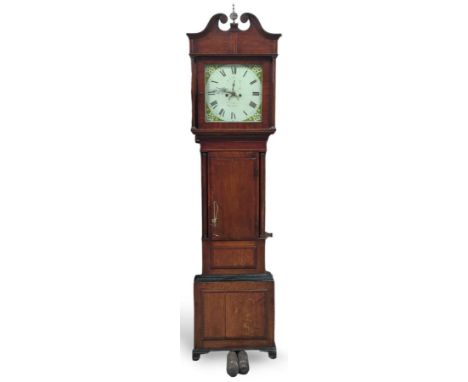 An oak and mahogany longcase clock, the painted dial with black Roman numerals, subsidiary sub dial and signed W J Davies Car