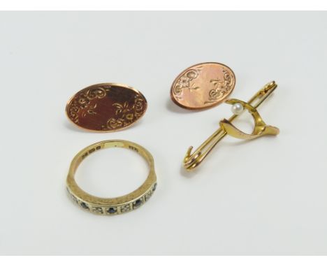 A 9ct gold sapphire and diamond half eternity ring, finger size L, a pair of 9ct gold cufflinks converted to earrings (the ho