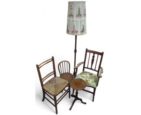 A 20th century lamp with shade depicting 19th century illustrations along with two chairs, one smaller chair and a circular d