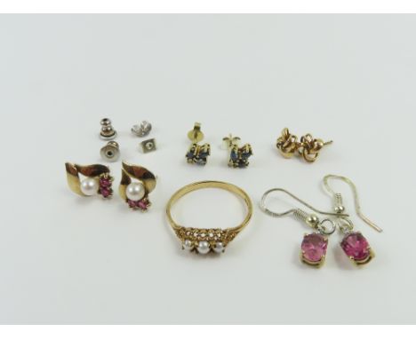 A 9ct gold pearl set ring, finger size P; a pair of 9ct gold knot stud earrings; a pair of 9ct gold ruby and pearl stud earri