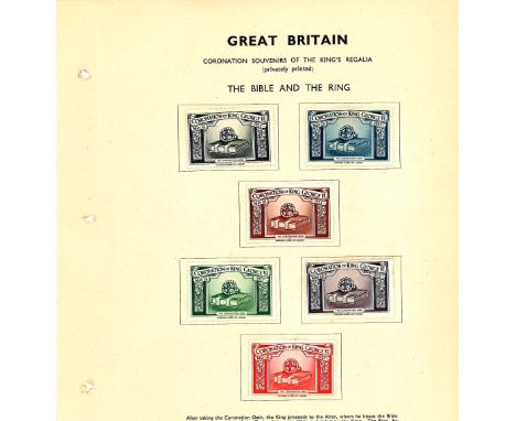 GB 1937 Coronation stamp collection printed by Harrison and Sons Ltd London including Sceptre with Dove(6 labels), The Bible 