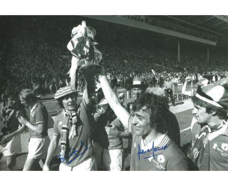 Autographed 12 X 8 Photo, Manchester United 1977, A Superb Image Depicting Stuart Pearson And Lou Macari Holding Aloft The Fa