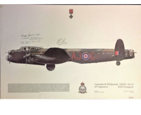 World War Two Lancaster B. III(Special ) 617 squadron RAF Scampton 12x17 colour print signed by Freddie Watts DFC, Terry Kear