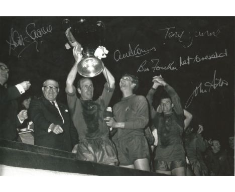 Autographed 12 X 8 Photo, Manchester United 1968, A Superb Image Depicting Captain Bobby Charlton Holding Aloft The European 