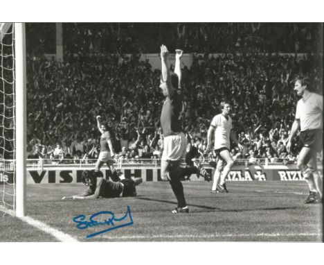 Autographed 12 X 8 Photo, Stuart Pearson, A Superb Image Depicting Pearson Punching The Air In Delight After Scoring The Open