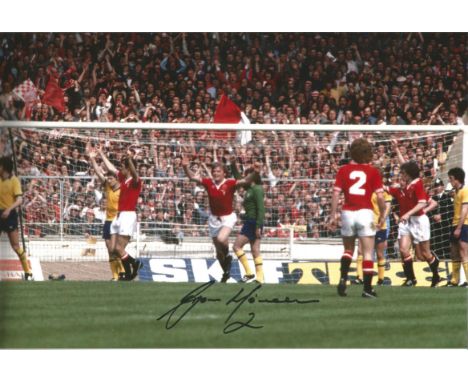 Autographed 12 X 8 Photo, Gordon McQueen, A Superb Image Depicting McQueen Running Away In Celebration After Scoring Manchest