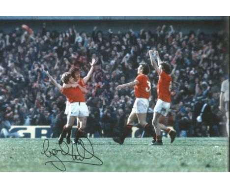Autographed 12 X 8 Photo, Gordon Hill, A Superb Image Depicting Hill Being Congratulated By Team Mates After His Second Goal 