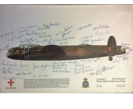World War Two Lancaster I Battle of Britain Memorial flight 12x17 colour print signed by over 40, bomber command veterans sig