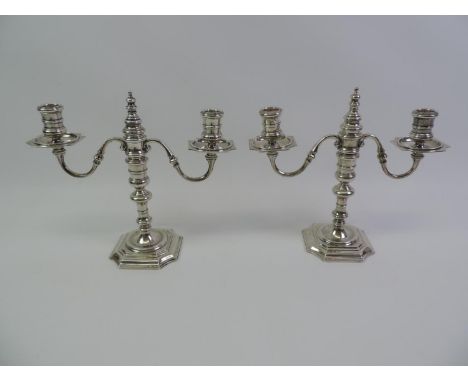 Pair of Silver Three-Light Candelabra with Removable Finials/Snuffers - William Comyns &amp; Sons London 1967 - 25cm High - 1