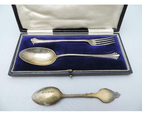 Cased Silver Spoon and Fork and Other Teaspoon 