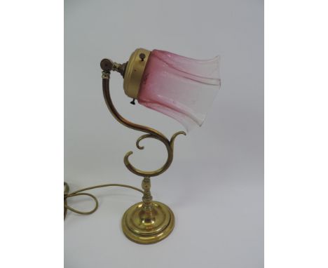 Converted Brass Lamp with Etched Glass Shade - 40cm High 