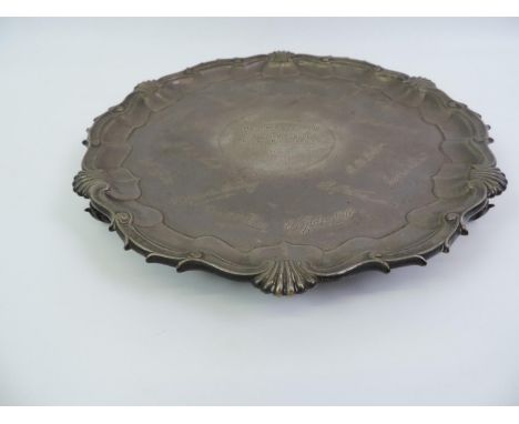 Three Footed Silver Salver - 31cm Diameter - 980gms - London 1908 Searle and Co 