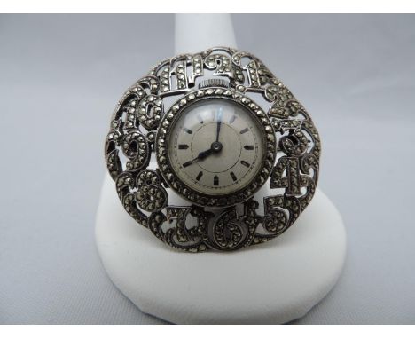 Silver Watch Mounted in Numbered Brooch - Heard Running - 4cm Diameter - Total weight 18.5gms 