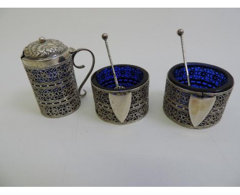 Silver Filigree Cruet Set - 2x Salts and Mustard with Blue Glass Liners 