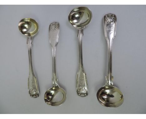 4x Silver Salt/Condiment Fiddle Thread and Shell Pattern Spoons - W M Eley 1828 - 116gms 