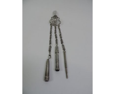 Silver Chatelaine with 3x Silver Attachments - Needle Case, Pencil Holder and Propelling Pencil - 49gms 