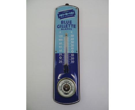 Enamel Sign Thermometer/Barometer Blue Gillette Blades - Originally from a Barber's Shop - 64cm x 16cm 