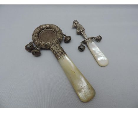 2x Silver Babies Rattles with Mother of Pearl Handles 