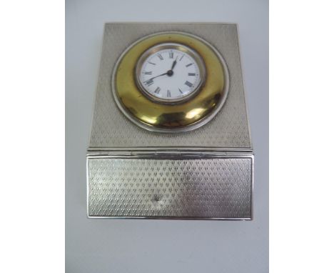 Silver Desk Clock with Engine Turned Decoration and Stamp Storage - Clock is Running London 1914 - 10cm 