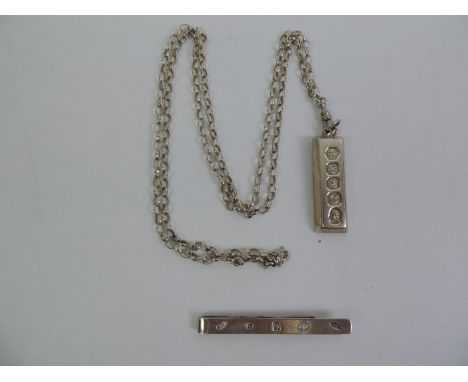 Silver Ingot on Silver Chain Together with a Silver Tie Pin - Chain Length 80cm - Total Weight 51.2gms 