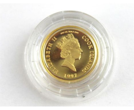 A 1997 Cook Islands 5 Dollar 1/25 troy ounce gold proof coin, .999 purity, having portrait of Diana Princess of Wales to reve