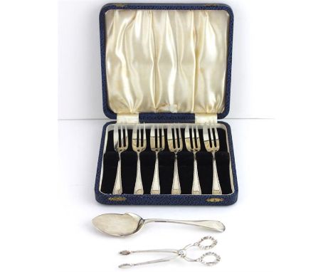 A set of six silver cake forks, by Sheffield 1937, in case, together with a pair sterling silver of sugar tongs&nbsp;and a si