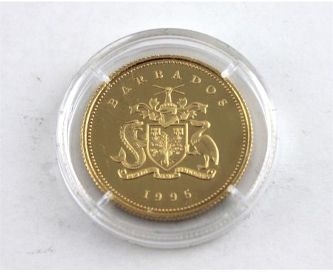 A 1995 Barbados 10 Dollar gold proof coin, purity .583, being to celebrate Queen Elizabeth The Queen Mother, engagement portr