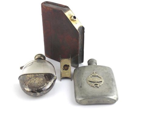 A large unusual leather book, hip flask with silver plated corners and top, J. Dixon 15x12cms. WW1 tank interest 'fear naught