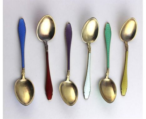 A cased&nbsp;of silver gilt enamelled tea spoons, by Hestenes Norway, stamped Sterling .925, in assorted colours.