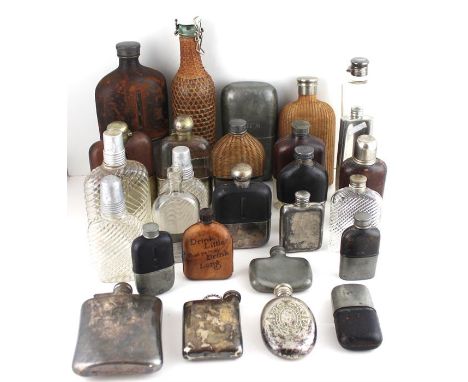 A collection of 27 vintage hip flasks including, woven basket , silver plate, leather, writhan glass , extra large, novelty a