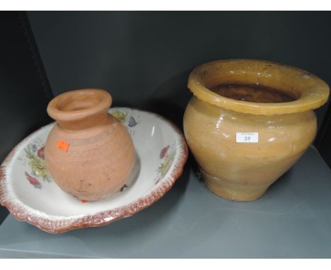 A selection of vintage ceramics including Roman style terracotta pot