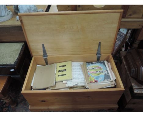 A modern pine bedding box, containing vintage sheet music etc