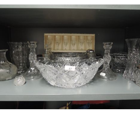 A selection of vintage glass wares including pressed candle stick pair