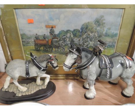 A selection of shire horse theme figures and local Sunderland print