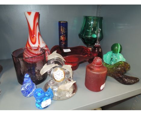 A selection of vintage decorative glass including ruby scent bottle