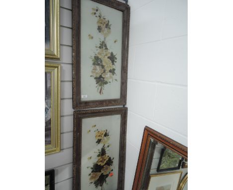 Two vintage hand painted glass panels with floral motif